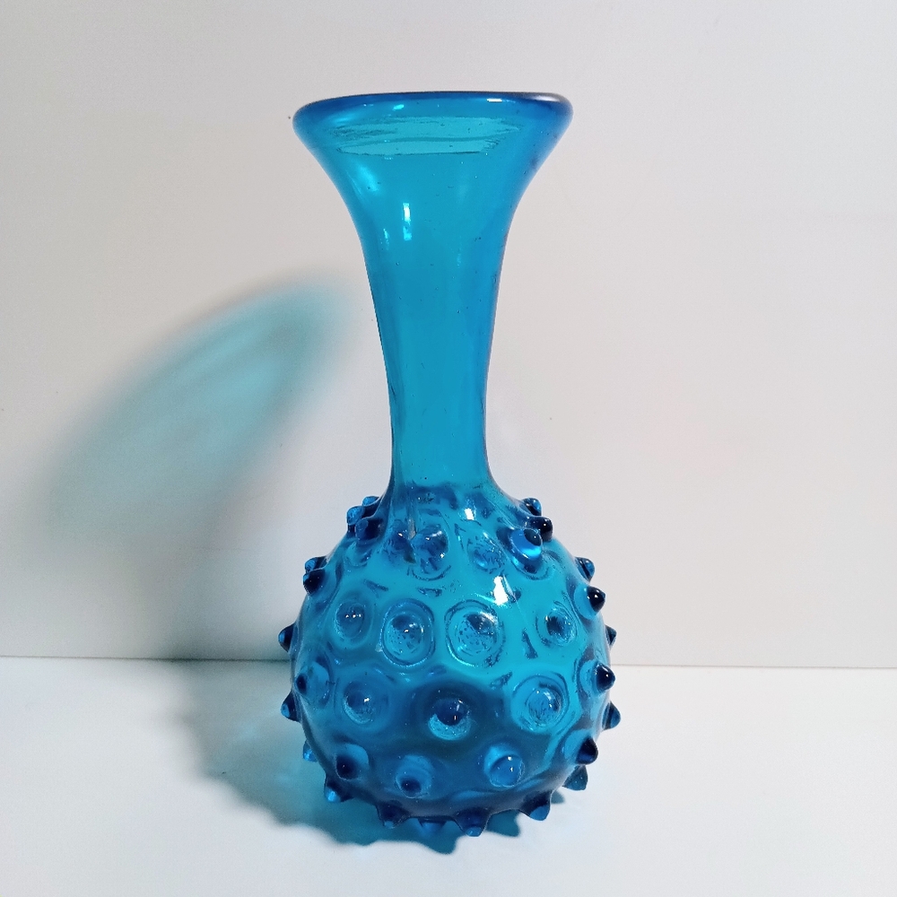 Vintage Mid Century MCM Blue Hobnail Glass Decanter Vase Blue Teal